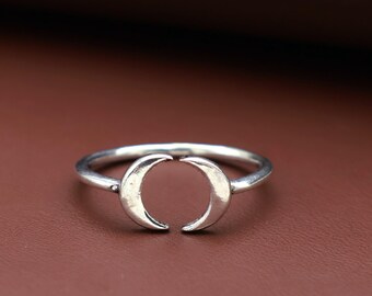 Bague double croissant de lune | Bague en argent phase de lune minimaliste | Bijoux célestes bohèmes | Bague fine réglable | Cadeau spirituel pour femme