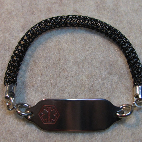 Medical Alert Bracelet - Black Viking Knit with Silver Components (B-135)