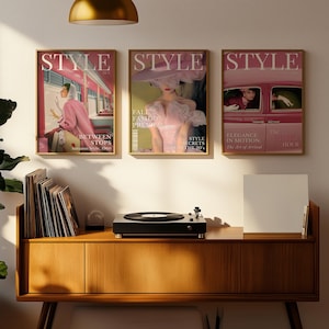 Set van 3 retro modeprints, vintage Vogue-geïnspireerde muurkunst, roze redactiegalerijset, modedecor uit het midden van de eeuw