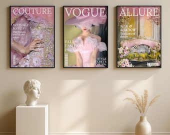 Vogue Allure Couture Magazine Art Set of 3, Vintage Fashion Editorial Prints, Fashion Studio Gallery Wall Digital Download