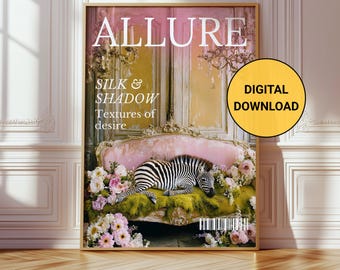 Zebra Magazine Cover Print, Surreal Animal Poster, Pink Eclectic Wall Art, Whimsical Maximalist Decor, Vintage Floral Sofa Artwork