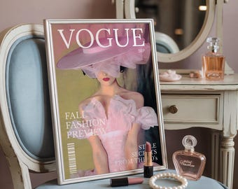 Vintage Fashion Magazine Print, Pink Coquette Room Decor, Vogue Poster Aesthetic, Girly Vanity Wall Art, Pastel Pink Bedroom Decor