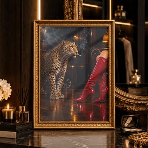 Può includere: Una cornice rettangolare dorata e decorata contenente una stampa di un leopardo con una sigaretta accesa in bocca, posizionata accanto a un paio di stivali alti rossi lucidi su un pavimento scuro, in un interno lussuoso e poco illuminato.