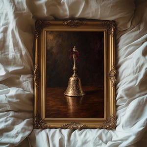 May include: A framed oil painting featuring a metallic bell with an intricate embossed pattern and a small dark red ribbon tied to its handle. The bell sits on a dark wooden surface against a dark background, all enclosed in an ornate gold frame.