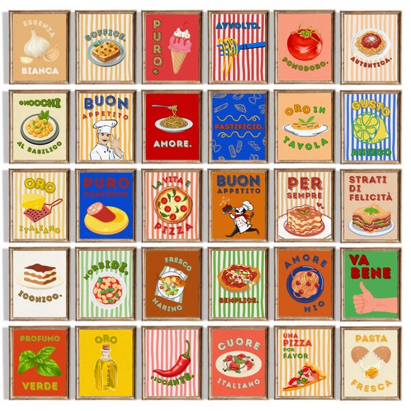 Vintage Italian Food Poster Set, 30 Retro Kitchen Wall Art Prints, Colorful Pasta and Pizza Gallery Wall