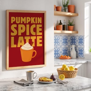 Retro Pumpkin Spice Latte Poster, Fall Coffee Bar Decor, Vintage Cafe Print, Red Yellow Pop Art, Autumn Wall Art, Maximalist Kitchen