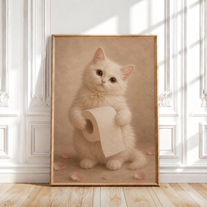 May include: A framed wall art print featuring a fluffy white kitten with large dark eyes, wearing a delicate pearl necklace, holding a roll of white toilet paper in its paws, set against a soft beige background with scattered light pink petals.