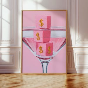 Impresión artística de copa de Martini con cubos de dólar rosas / Arte mural de cócteles glamurosos / Impresión de arte pop retro femenino / Decoración de bar de lujo / Descarga digital