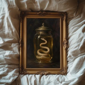 Op de afbeelding: Een rechthoekige, versierde gouden lijst met een schilderij van een opgerolde witte slang die in een doorzichtige glazen pot met metalen deksel in een gele vloeistof is geconserveerd, tegen een donkere achtergrond in het schilderij.