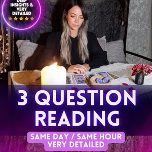 May include: A person is seated at a table with tarot cards, a lit candle, and a small bowl of blue crystals. The text "3 QUESTION READING" is displayed in large white letters on a purple background. Additional text reads "SAME DAY / SAME HOUR VERY DETAILED".