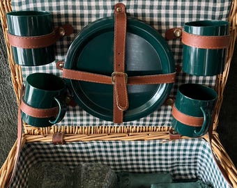 Green Vintage Picnic Basket Set with Plates, Mugs, and Assorted Cutlery
