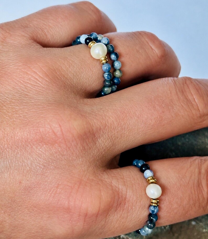 Blue Sapphire Beaded Ring With Optional Pearl, Dainty Gemstone Stacking ...