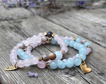 Crystal Bracelet Stack: Rose Quartz, Aquamarine, Moonstone - Ember & Eve Collection