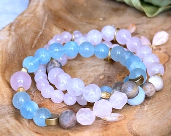 Aquamarine, Rose Quartz & Moonstone Bracelet: Calm Gemstone Healing Energy