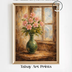 Peinture bouquet de fleurs roses : art mural floral vase vert, décoration cottagecore, style compagne chic, téléchargement numérique