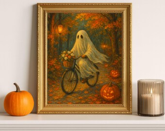 Scary ghost on a bicycle: spooky Halloween wall art, autumn forest painting with lampposts and pumpkins, haunted night decoration