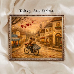Wall art of a couple on bicycles, rustic village painting print, spring Valentine's Day decoration, digital download