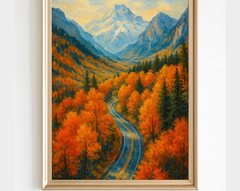 Autumn Winding Forest Road Painting: Printable Rustic Landscape Wall Art, Autumn Forest Decor, Digital Download