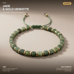 Jade and Gold Hematite Adjustable Bracelet, Gift for Him