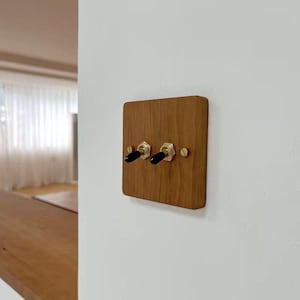 Könnte beinhalten: Eine Holz-Lichtschalterplatte mit zwei schwarzen Kippschaltern und Messingakzenten. Die quadratische Platte besteht aus hellem Holz und ist an einer weißen Wand befestigt. Die Schalter sind horizontal angeordnet.