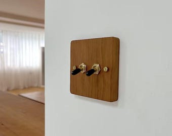 Interrupteur à bascule en bois de noyer massif et laiton - Panneau de prises murales vintage de type 86