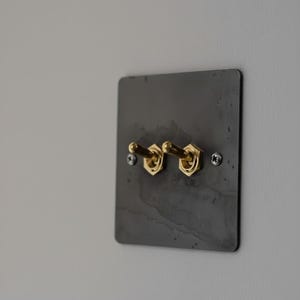 Könnte beinhalten: Eine dunkelgraue Metall-Lichtschalterplatte mit zwei goldenen Kippschaltern. Die Platte ist rechteckig mit abgerundeten Ecken und an einer hellgrauen Wand montiert. Die Schrauben sind silberfarben.