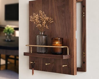 Tapa para caja de medidor de nogal — Tapa de caja de fusibles de madera para montaje en pared, tamaño personalizado, con ganchos y estante, estante oculto de madera de nogal