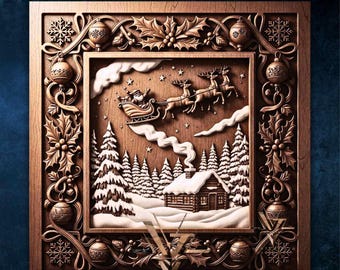 May include: A wooden Christmas-themed relief carving. The central image depicts Santa Claus in a sleigh pulled by reindeer, flying over a snowy landscape with a cabin and pine trees. The frame is adorned with holly, ornaments, and snowflakes. The text "VERTEXVISTA CREATIONS" is at the bottom.