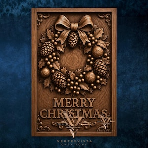 May include: A wooden Christmas plaque featuring a detailed relief carving of a holiday wreath with pinecones, holly, and ornaments. The words "MERRY CHRISTMAS" are carved below the wreath. The plaque is framed with decorative edges.