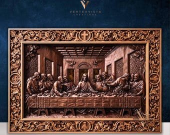May include: A detailed wooden relief carving depicting the Last Supper scene. The artwork is framed with ornate floral and scrollwork. The carving is in shades of brown and tan, with the text "VERTEXVISTA CREATIONS" at the top.