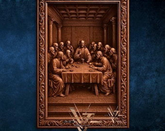 May include: A detailed, brown wooden relief carving of the Last Supper scene, framed with ornate scrollwork. The artwork depicts Jesus and his disciples seated around a table. The background is a detailed architectural setting.