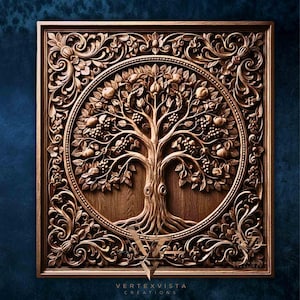 May include: A square wooden carving with a tree of life design, set within a circular frame. The tree is adorned with fruit and surrounded by elaborate floral patterns. The piece is framed and includes the text "VERTEXVISTA CREATIONS" at the bottom.
