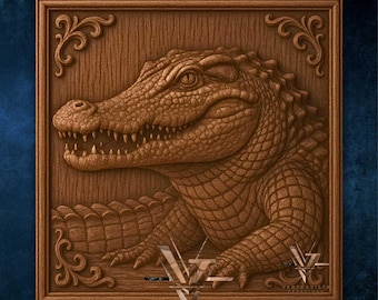 Può includere: Intaglio in legno marrone dettagliato di un alligatore, incorniciato in una cornice rettangolare. L'alligatore è intagliato in modo intricato, mostrando squame, denti e pelle strutturata. Fiori decorativi adornano gli angoli. Il testo "VERTEXVISTA CREATIONS" è in basso.