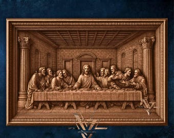May include: A brown relief carving of the Last Supper, framed in a rectangular border. The scene depicts Jesus and his disciples seated at a table. The artwork is set against a dark blue background, with the text "VERTEXVISTA CREATIONS" at the bottom.