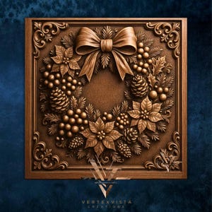 May include: A detailed, brown, square relief carving of a Christmas wreath with a large bow at the top. The wreath is composed of pinecones, berries, and poinsettias. The frame has ornate corner designs. The Vertex Vista Creations logo is at the bottom.