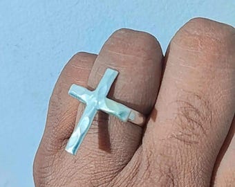 925 Sterling Silver Thin Cross Ring | Shiny Hammered Dainty Band | Unique Minimalist Faith Jewelry | Gift for Men And Women