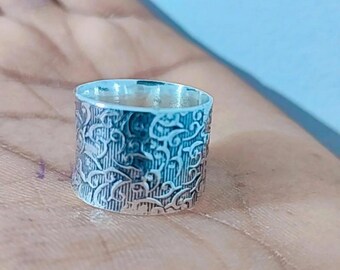 Handmade 925 Sterling Silver Wide Band Ring | Engraved Floral Boho Thumb Ring | Vintage Statement Jewelry