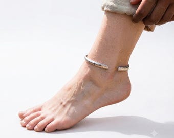 Hammered 925 Sterling Silver Open Cuff Anklet | Minimalist Adjustable Ankle Bracelet | Handmade Anklet | Gift for Her