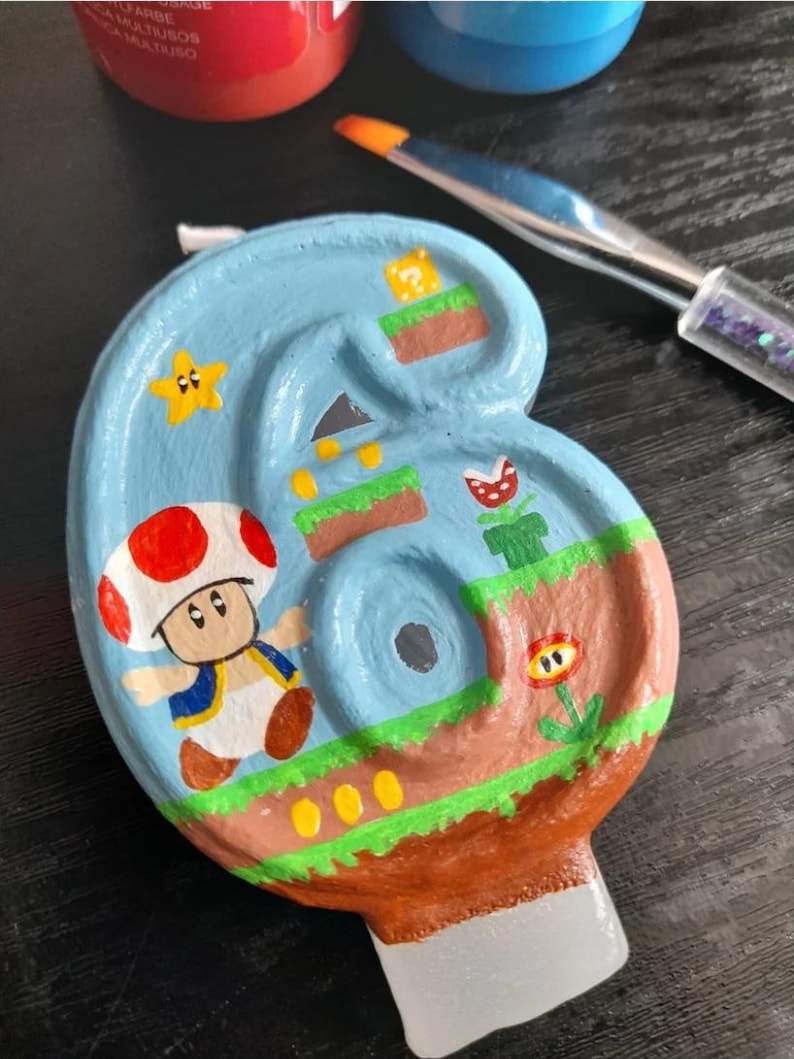 Handmålat Super Mario födelsedagsljus | Gamerfestdekor Toad