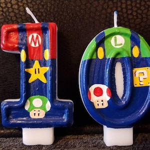 Vela personalizada para tarta de cumpleaños con temática de Super Mario, pintada a mano. VENDEDOR DEL REINO UNIDO. imagen 2