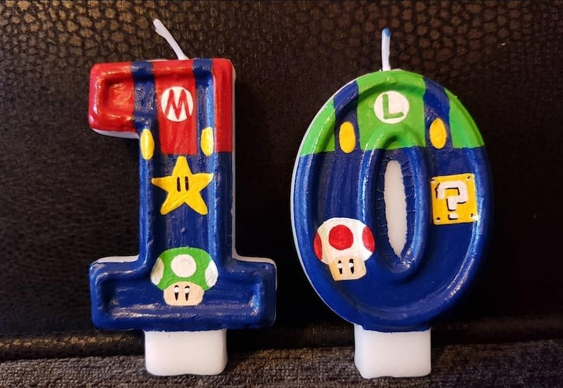 Vela personalizada para tarta de cumpleaños con temática de Super Mario, pintada a mano. VENDEDOR DEL REINO UNIDO. imagen 2