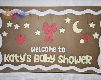 Pancarta personalizada pintada a mano para baby shower / Fondo de papel kraft, estrellas, luna, lazo