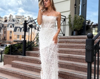 Feathers Dress, Mermaid Wedding Dress in Ivory, Asymmetrical Dress, Lace Wedding  Dress With Sweetheart Neckline, Bridal Dress, Wedding Gown - Etsy