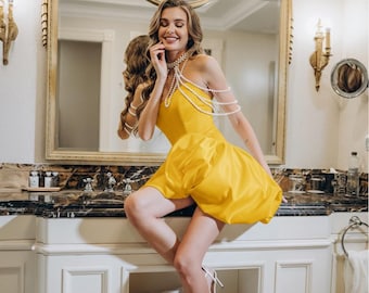 Sabrina Yellow Mini Satin Birthday Party Dress How to Lose a Guy - Etsy