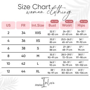 以下が含まれることがあります： 女性用衣料品のサイズチャート。インチとセンチメートルで測定。US、フランス、国際サイズ、バスト、ウエスト、ヒップの測定値が含まれています。サイズは2からXLまで。
