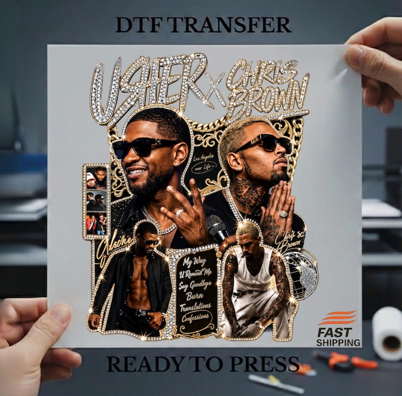 Pode incluir: Uma folha de transfer&ecirc;ncia DTF com um design gr&aacute;fico de Usher e Chris Brown. O design inclui retratos de ambos os artistas usando &oacute;culos de sol, detalhes de correntes douradas e texto com t&iacute;tulos de m&uacute;sicas como My Way e Confessions.