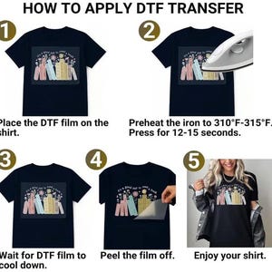 May include: A step-by-step guide on how to apply a DTF transfer to a black t-shirt. Instructions include placing the film, ironing at 310-315&deg;F for 12-15 seconds, cooling, and peeling. The shirt features a colorful book design.