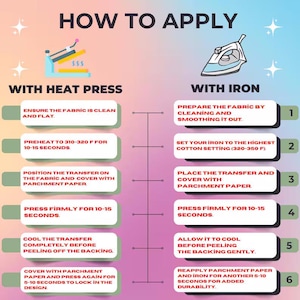 May include: Infographic detailing how to apply a transfer using a heat press or iron. Instructions include preheating, positioning the transfer, pressing, and cooling. The text is in white on a gradient background with illustrations of a heat press and iron.