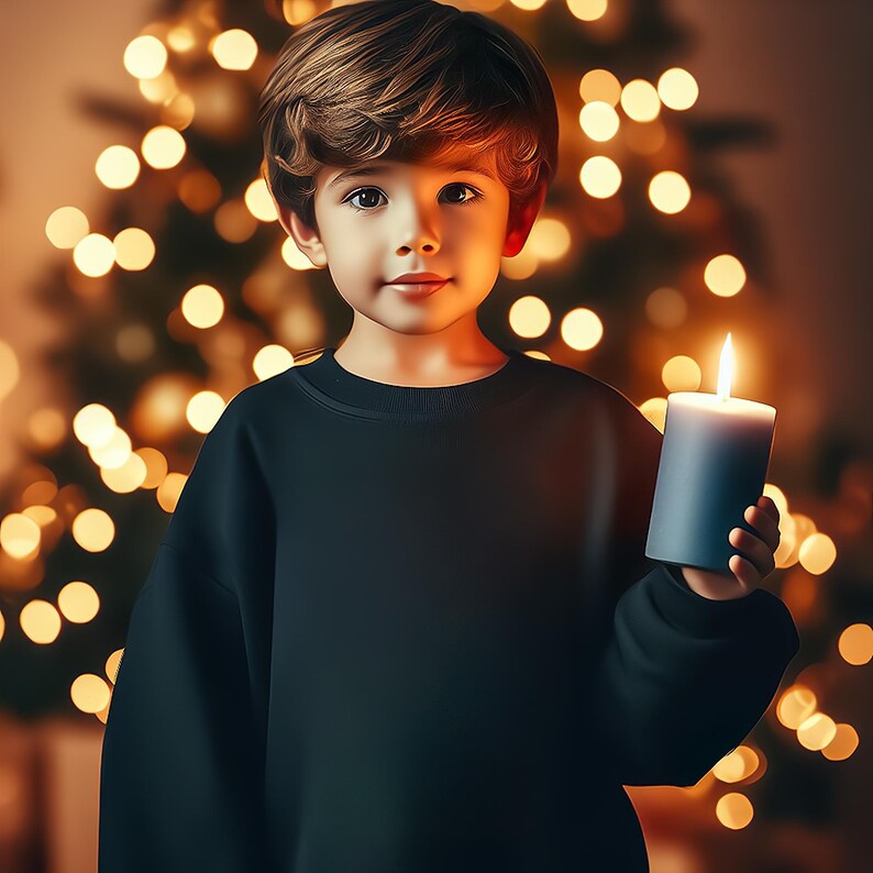 May include: A young person wearing a black sweater holds a lit blue candle. The background features a blurred Christmas tree with warm, glowing lights, creating a festive and cozy atmosphere. The image is well-lit, highlighting the subject and the candle's flame.