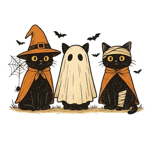 May include: Illustration of three black cats dressed for Halloween. One cat wears a witch hat and cape, another is a ghost, and the third is a mummy. Bats and a spider web are in the background.
